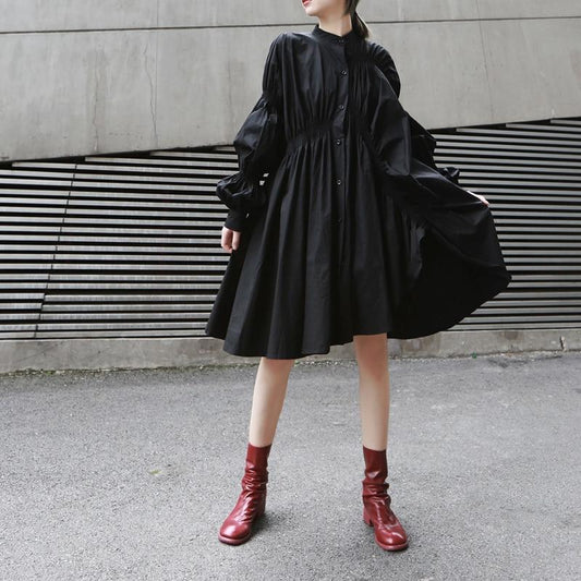 Hotaru Long Sleeve Pleated Shirt Dress - Black by Marigold Shadows
