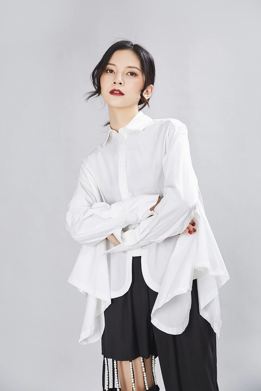 Sonoya Lapel Long Sleeve Irregular Hem Shirt by Marigold Shadows