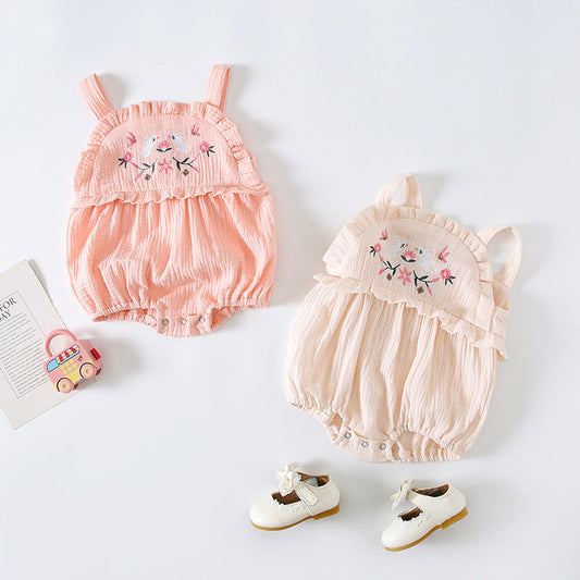 Baby Girl Floral Embroidered Pattern Lace Design Solid Color Sleeveless Onesies In Summer by MyKids-USA™