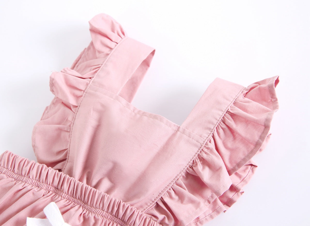 Baby Girl Square Collar Lace Design Denim Fabric Sleeveless Backless Onesies With Bow Decoration by MyKids-USA™