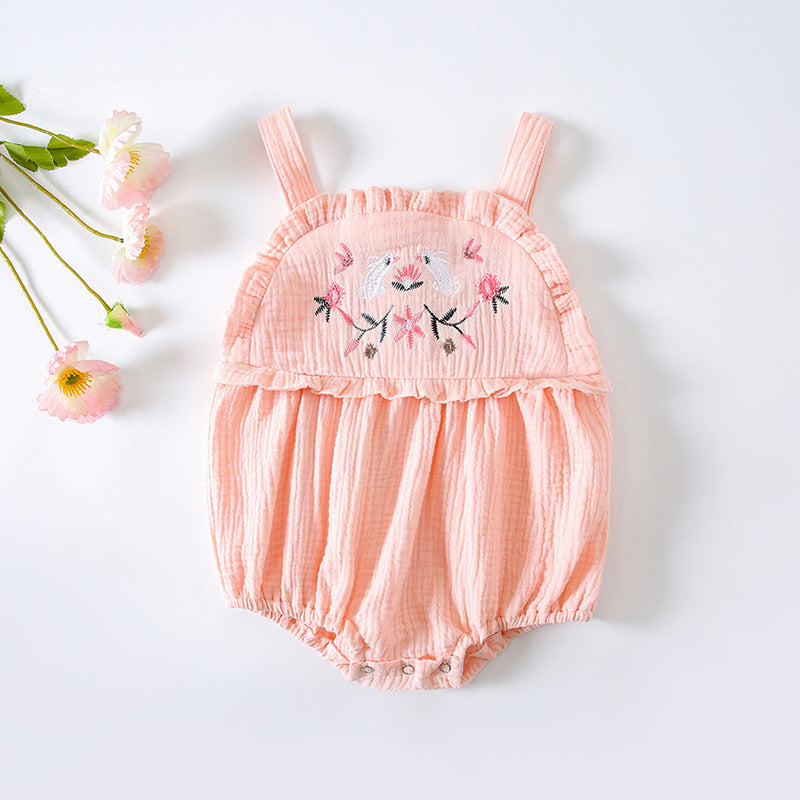 Baby Girl Floral Embroidered Pattern Lace Design Solid Color Sleeveless Onesies In Summer by MyKids-USA™