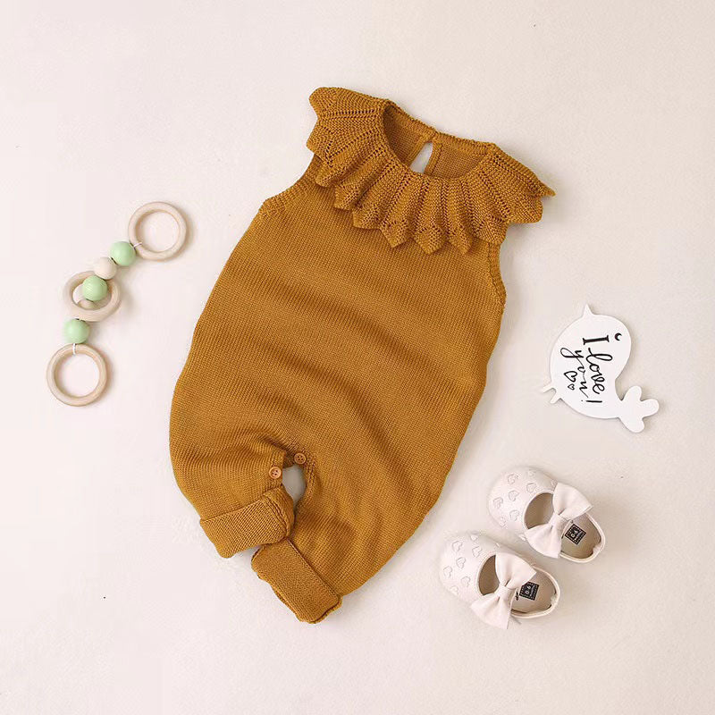 Baby Girl 1pcs Ruffle Neck Solid Color Sleeveless Crotch Design Knitted Rompers by MyKids-USA™