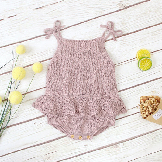 Baby Girl 1pcs Solid Color Ruffle Hem Belted Sling Design Ribbed Onesies by MyKids-USA™