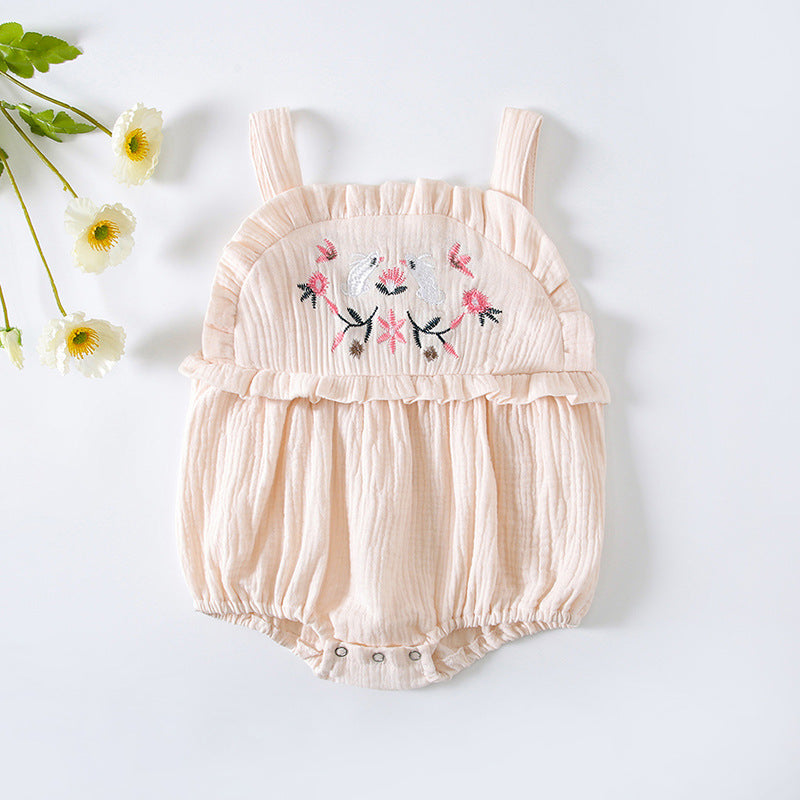 Baby Girl Floral Embroidered Pattern Lace Design Solid Color Sleeveless Onesies In Summer by MyKids-USA™