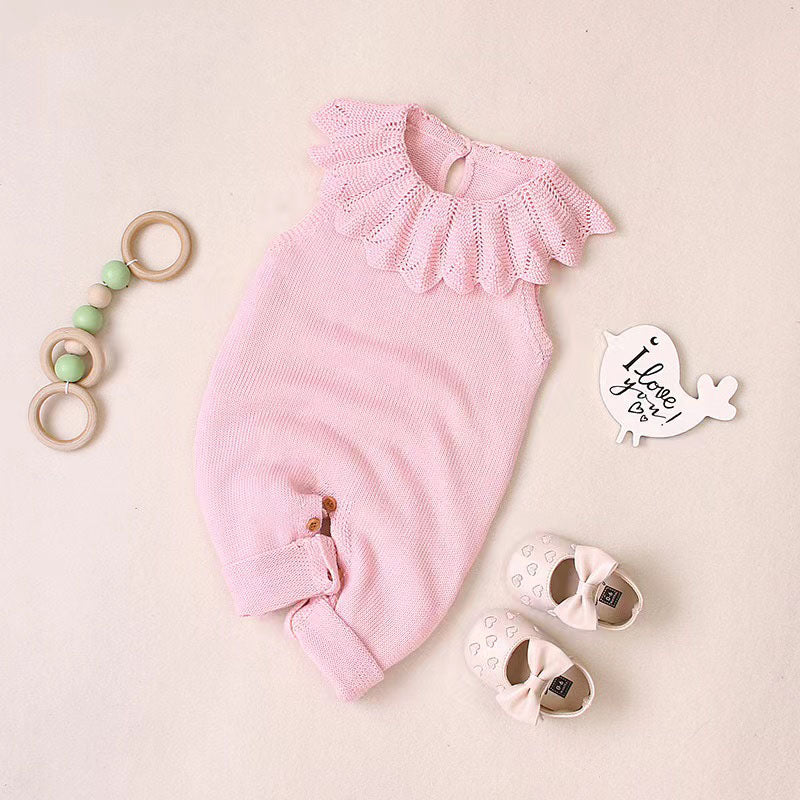 Baby Girl 1pcs Ruffle Neck Solid Color Sleeveless Crotch Design Knitted Rompers by MyKids-USA™