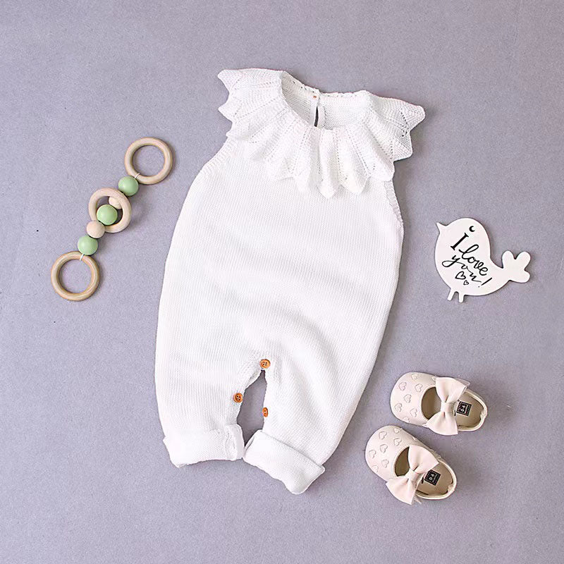 Baby Girl 1pcs Ruffle Neck Solid Color Sleeveless Crotch Design Knitted Rompers by MyKids-USA™