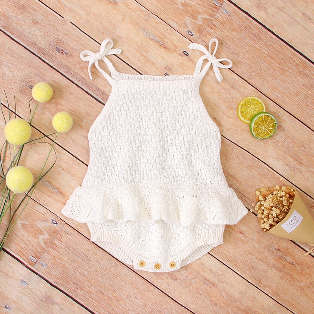 Baby Girl 1pcs Solid Color Ruffle Hem Belted Sling Design Ribbed Onesies by MyKids-USA™