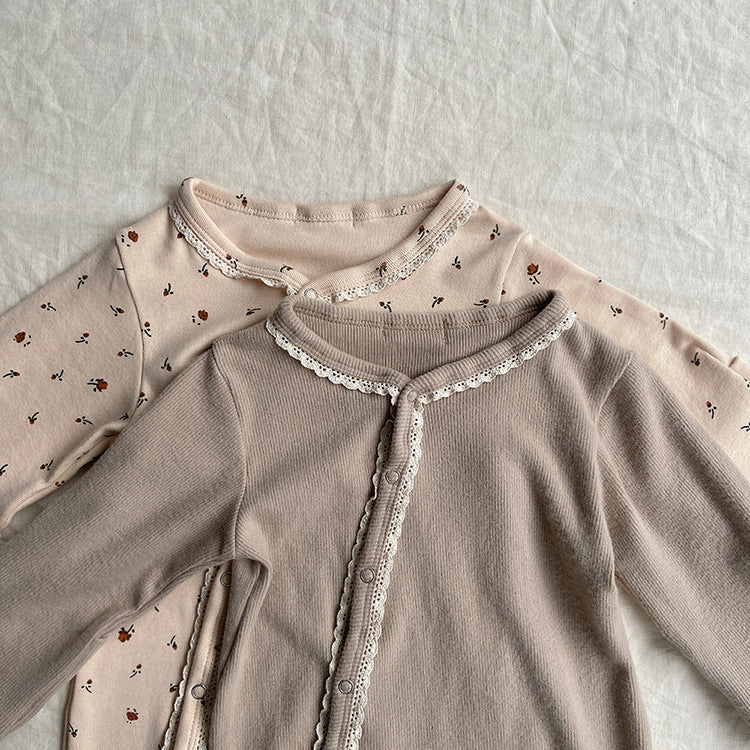 Baby Flower Pattern & Solid Color Lace Design Button Front Jumpsuit by MyKids-USA™