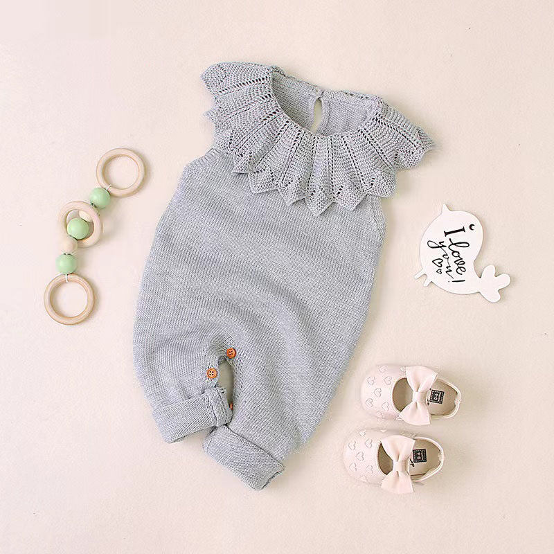 Baby Girl 1pcs Ruffle Neck Solid Color Sleeveless Crotch Design Knitted Rompers by MyKids-USA™