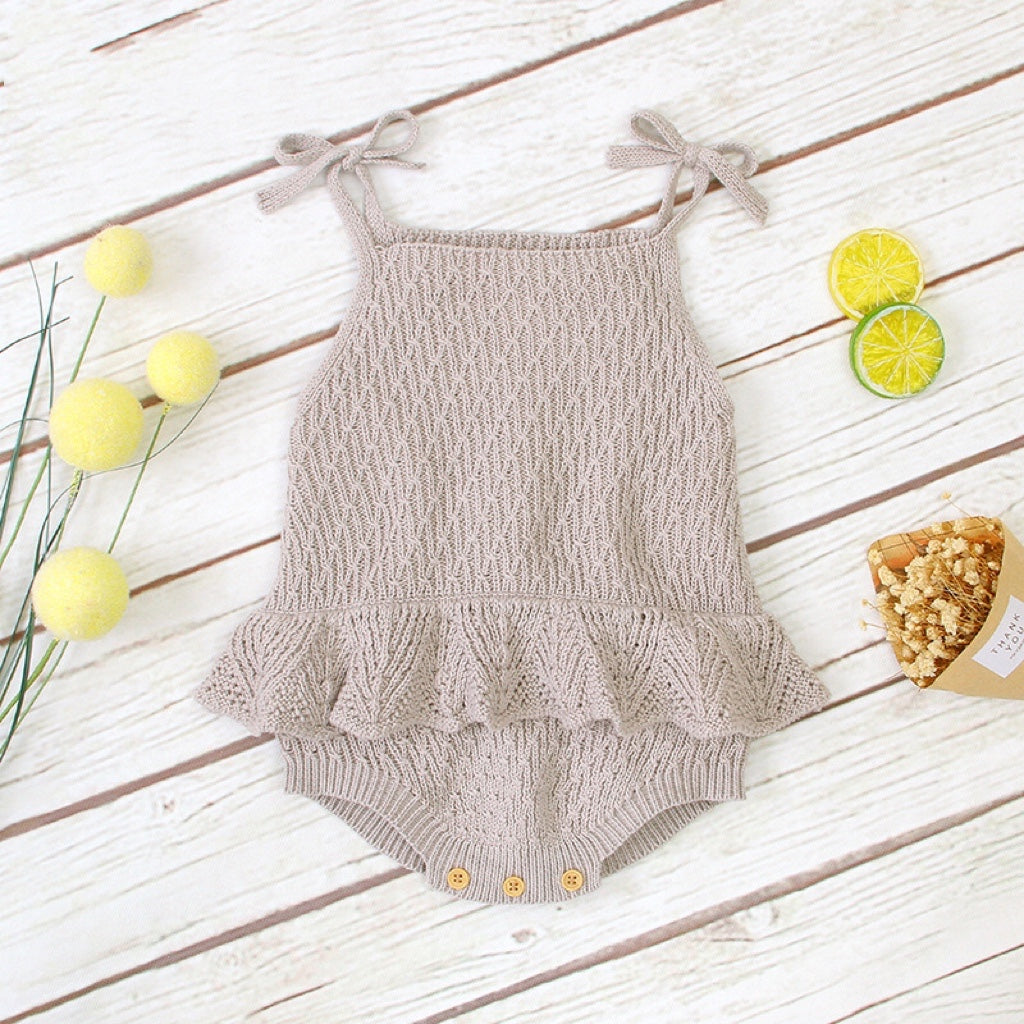 Baby Girl 1pcs Solid Color Ruffle Hem Belted Sling Design Ribbed Onesies by MyKids-USA™