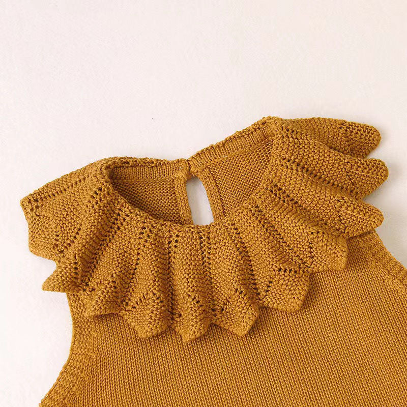 Baby Girl 1pcs Ruffle Neck Solid Color Sleeveless Crotch Design Knitted Rompers by MyKids-USA™