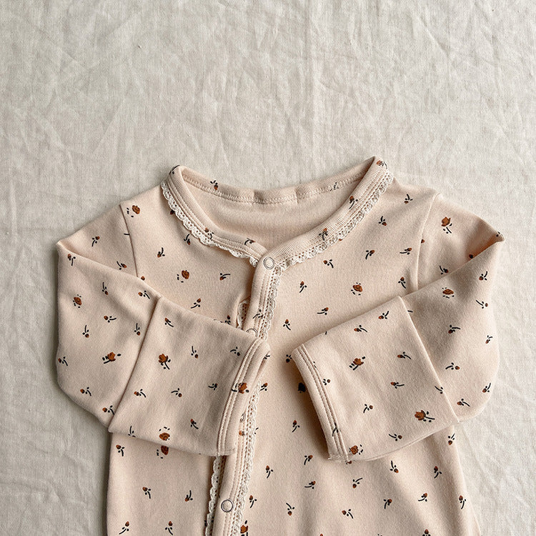 Baby Flower Pattern & Solid Color Lace Design Button Front Jumpsuit by MyKids-USA™