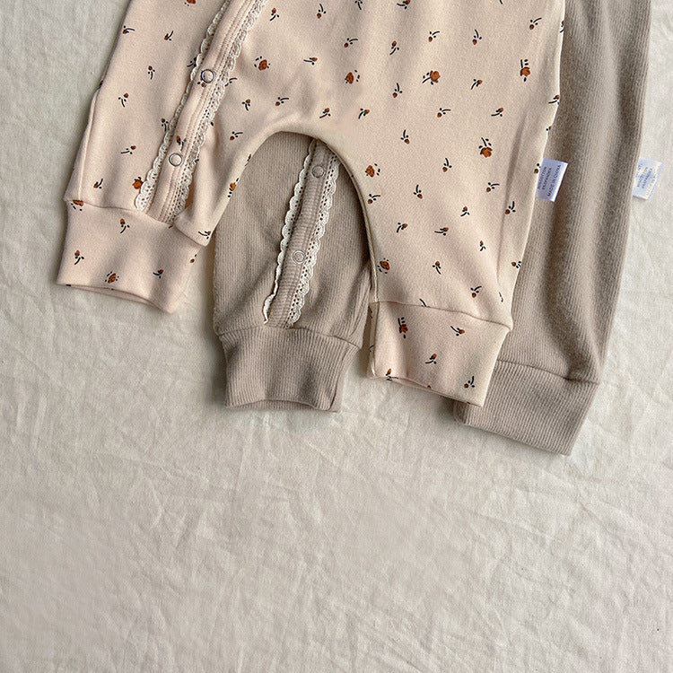 Baby Flower Pattern & Solid Color Lace Design Button Front Jumpsuit by MyKids-USA™