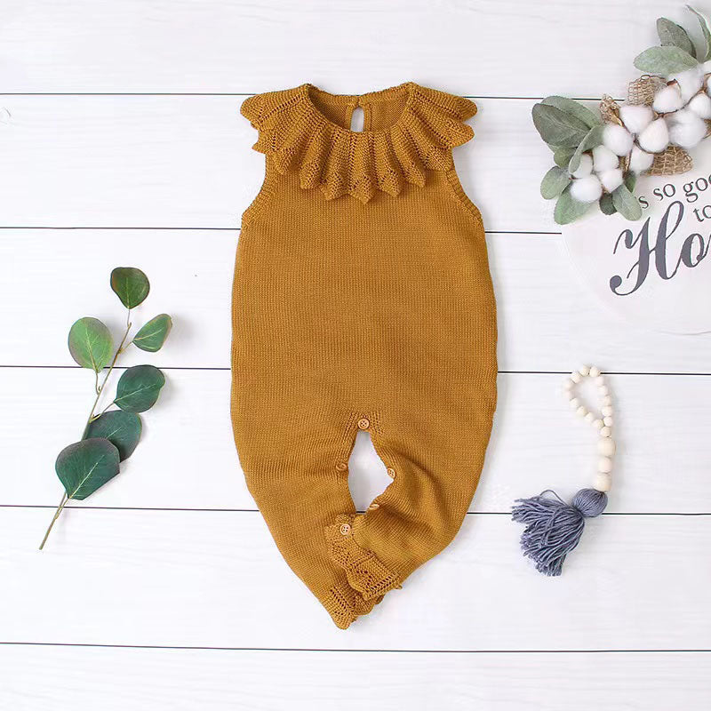 Baby Girl 1pcs Ruffle Neck Solid Color Sleeveless Crotch Design Knitted Rompers by MyKids-USA™
