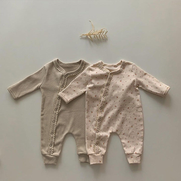Baby Flower Pattern & Solid Color Lace Design Button Front Jumpsuit by MyKids-USA™