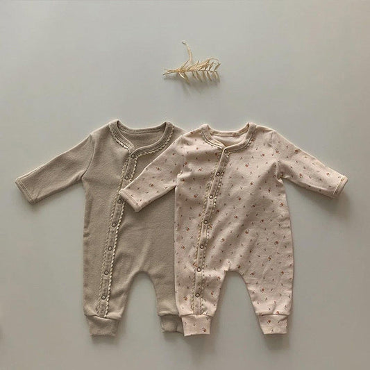 Baby Flower Pattern & Solid Color Lace Design Button Front Jumpsuit by MyKids-USA™