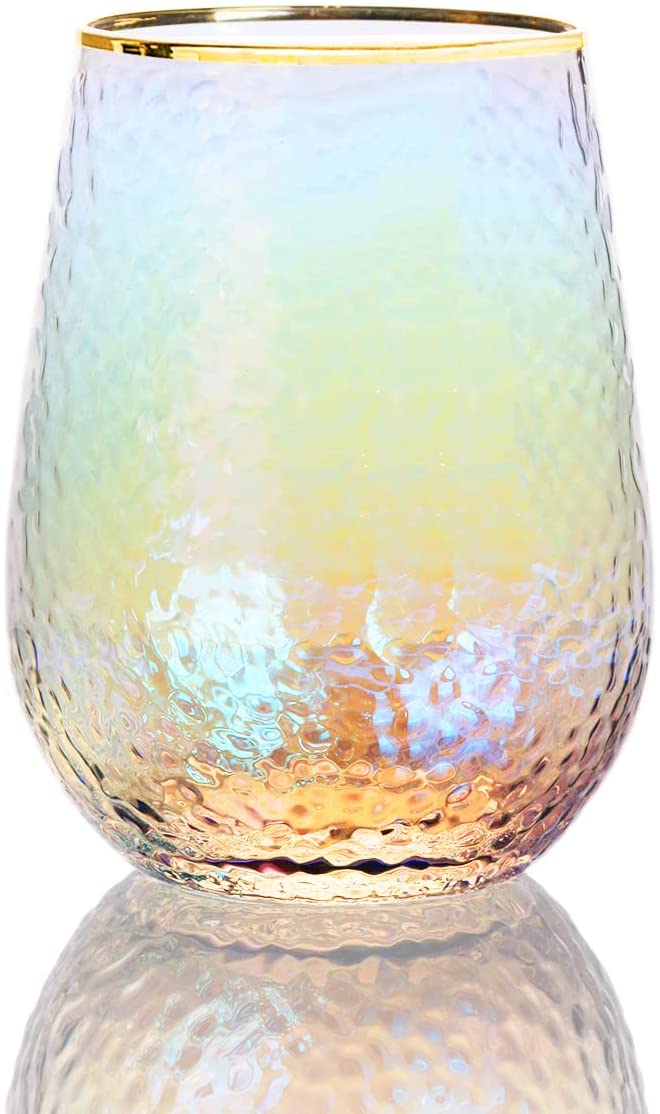 Lustered Iridescent Stemless Wine Glasses 15oz (Set of 4) - by The Wine Savant