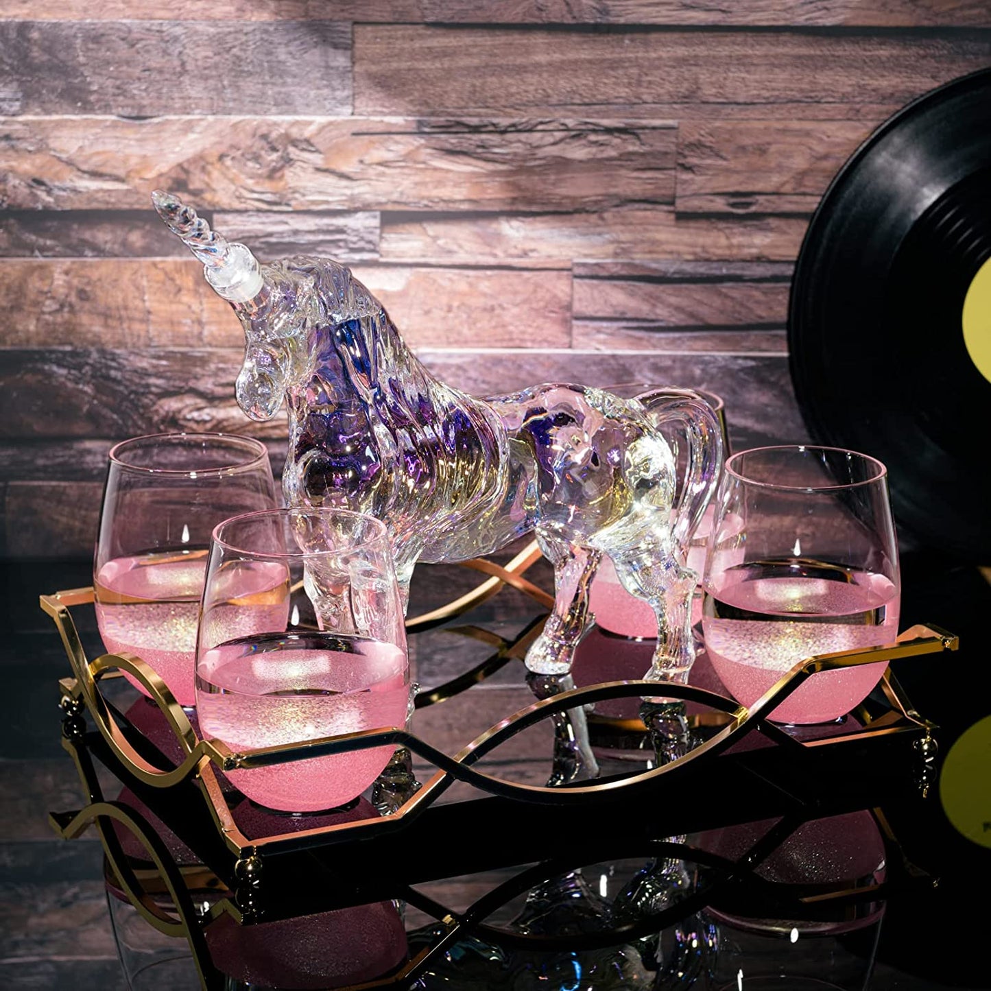 Iridescent Unicorn Decanter Set w/ 4 Pink Sparkle Glasses - by The Wine Savant