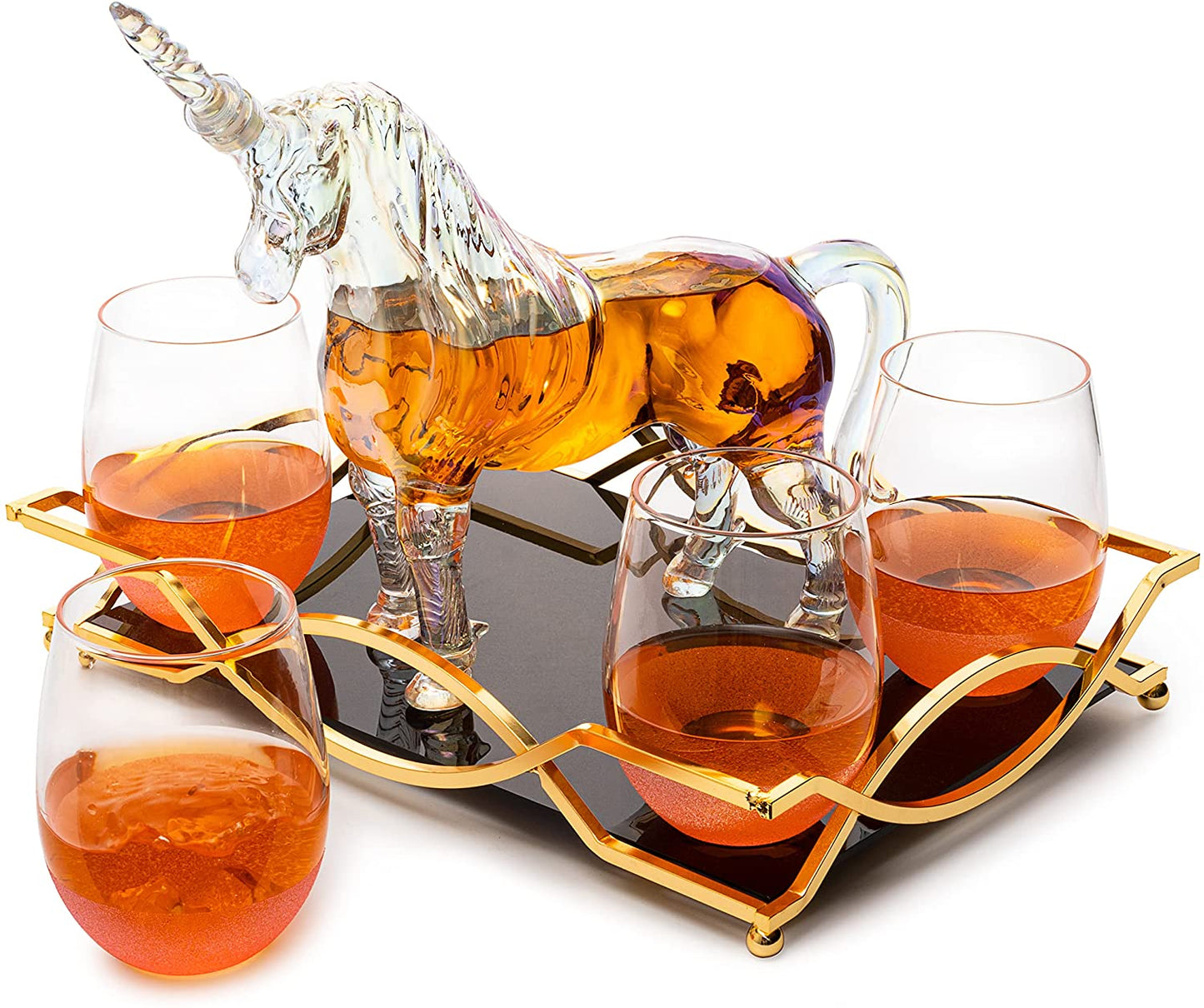 Iridescent Unicorn Decanter Set w/ 4 Pink Sparkle Glasses - by The Wine Savant