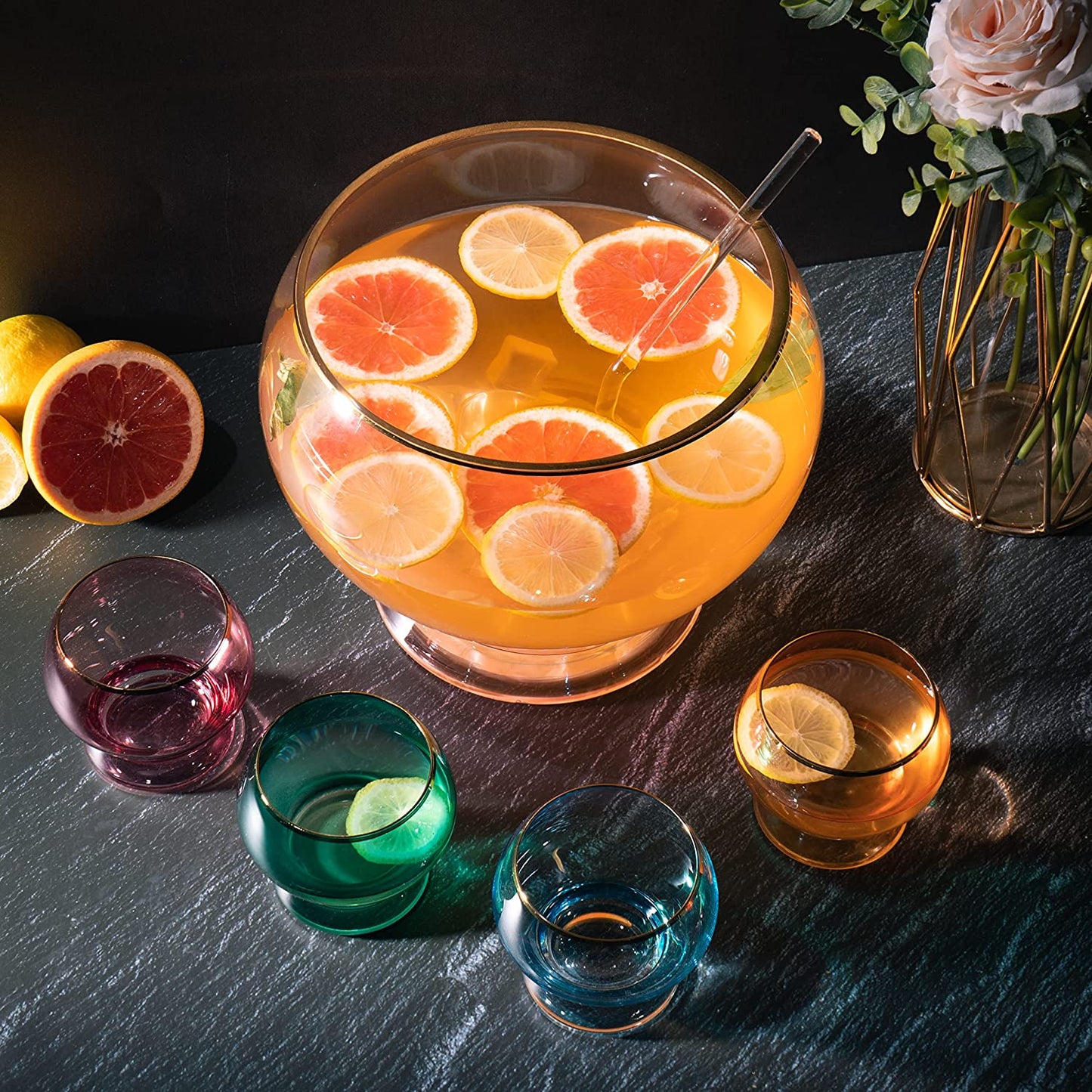 Colorful 3 Gallon Punch Bowl with 4 10oz Glasses Set & Ladle - by The Wine Savant