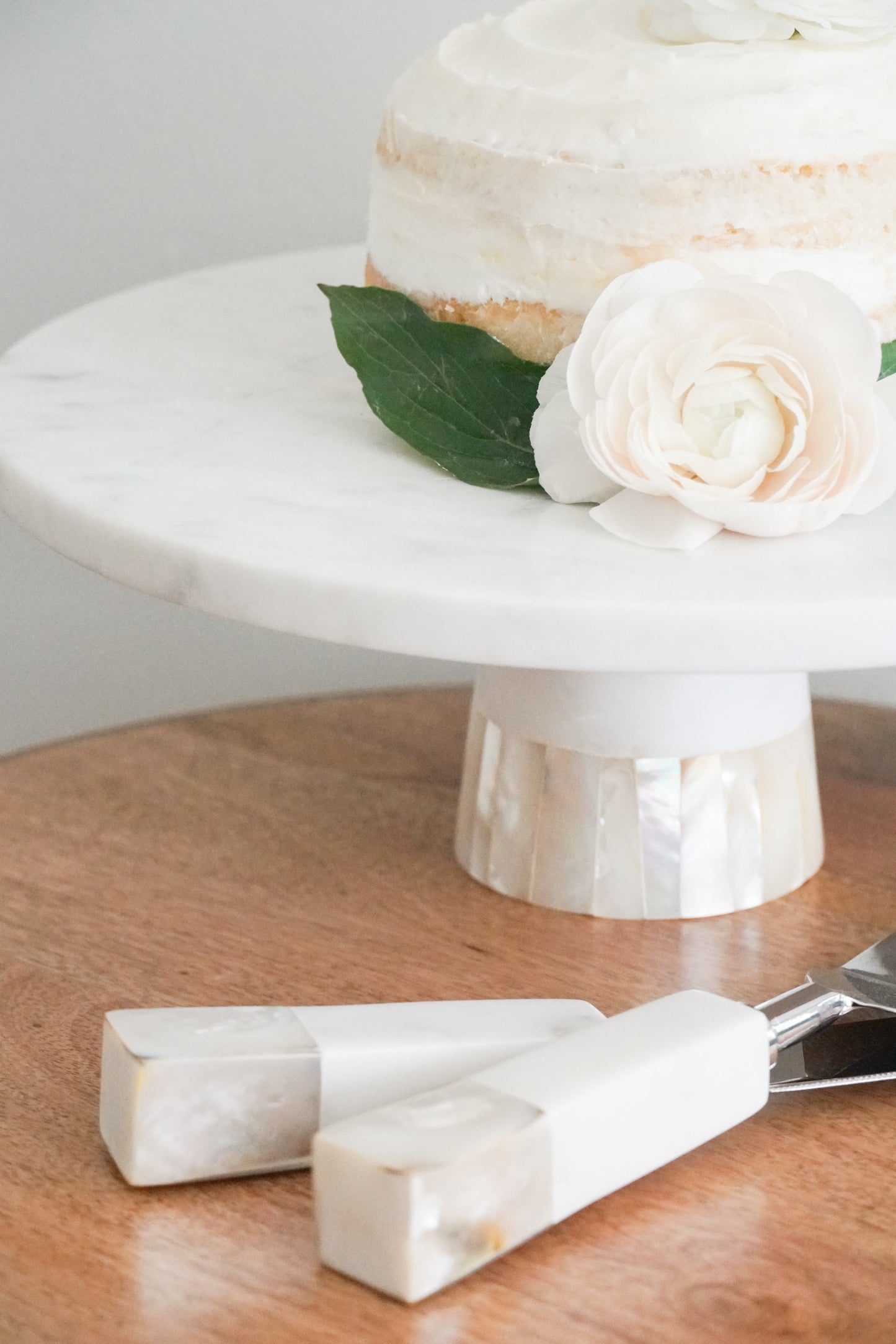 White Marble Cake Stand with Mother of Pearl Inlay by Anaya