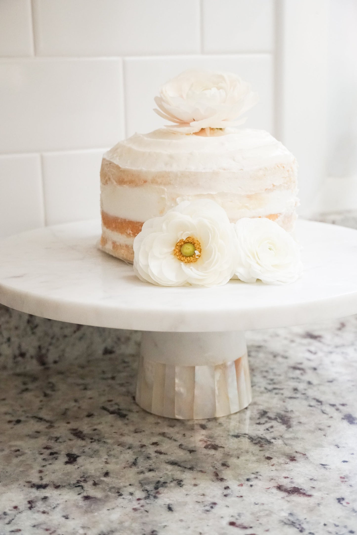 White Marble Cake Stand with Mother of Pearl Inlay by Anaya