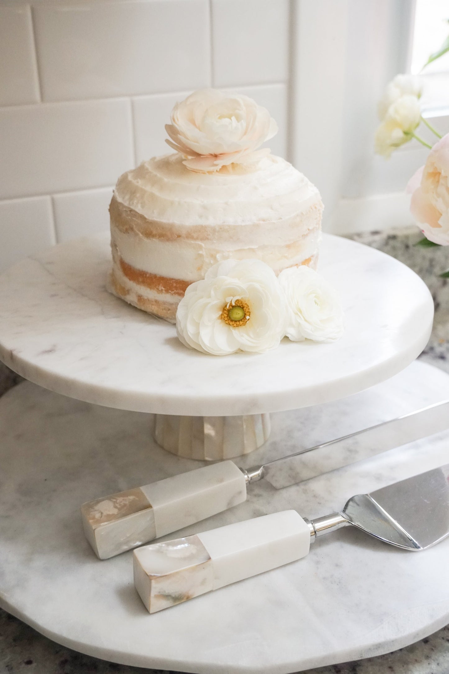 White Marble Cake Stand with Mother of Pearl Inlay by Anaya