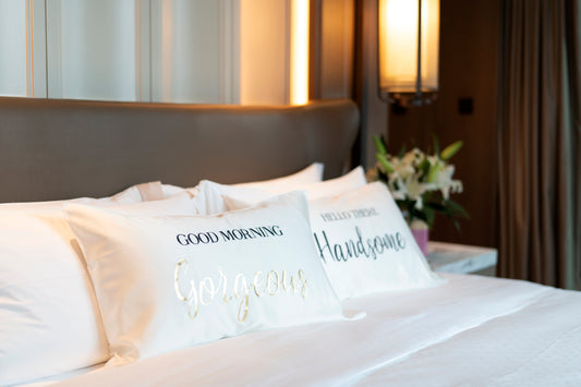 Shiraleah Set Of 2 "Good Morning Gorgeous / Hello There Handsome" Standard Pillow Cases,Ivory - FINAL SALE ONLY by Shiraleah