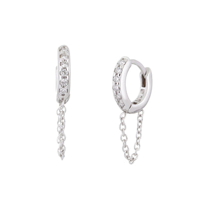 10 mm Diamond and 14K White Gold Huggie Hoops with Chain by eklexic