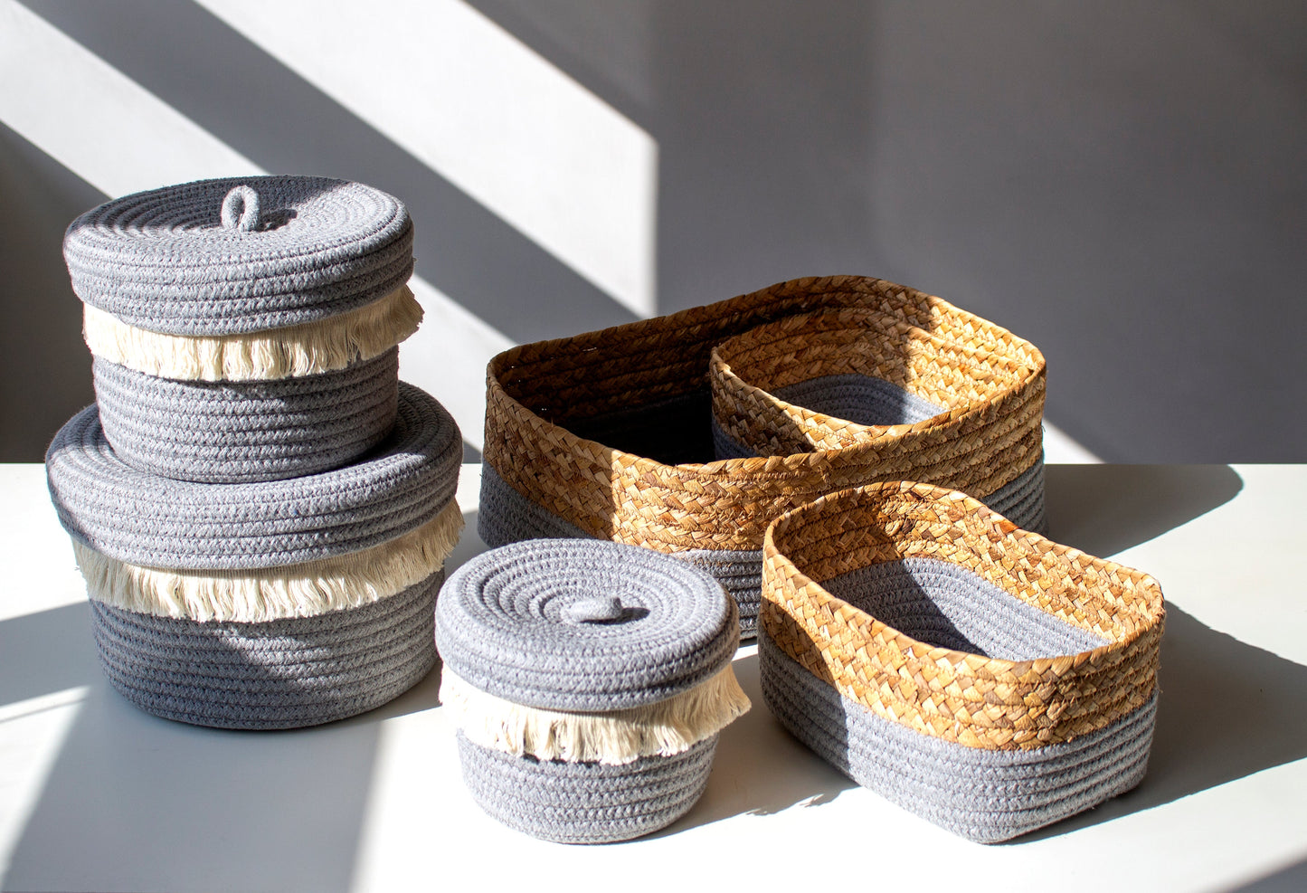 Shiraleah Assorted Set of 3 Round Dharma Cotton Rope Organizer Baskets WIth Lid, Grey by Shiraleah