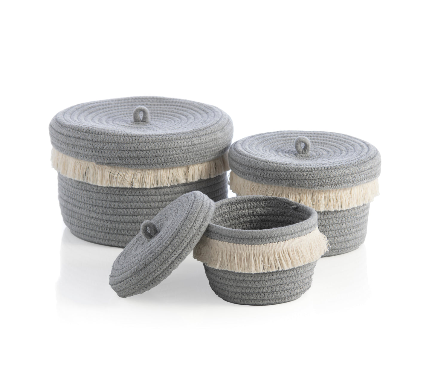 Shiraleah Assorted Set of 3 Round Dharma Cotton Rope Organizer Baskets WIth Lid, Grey by Shiraleah