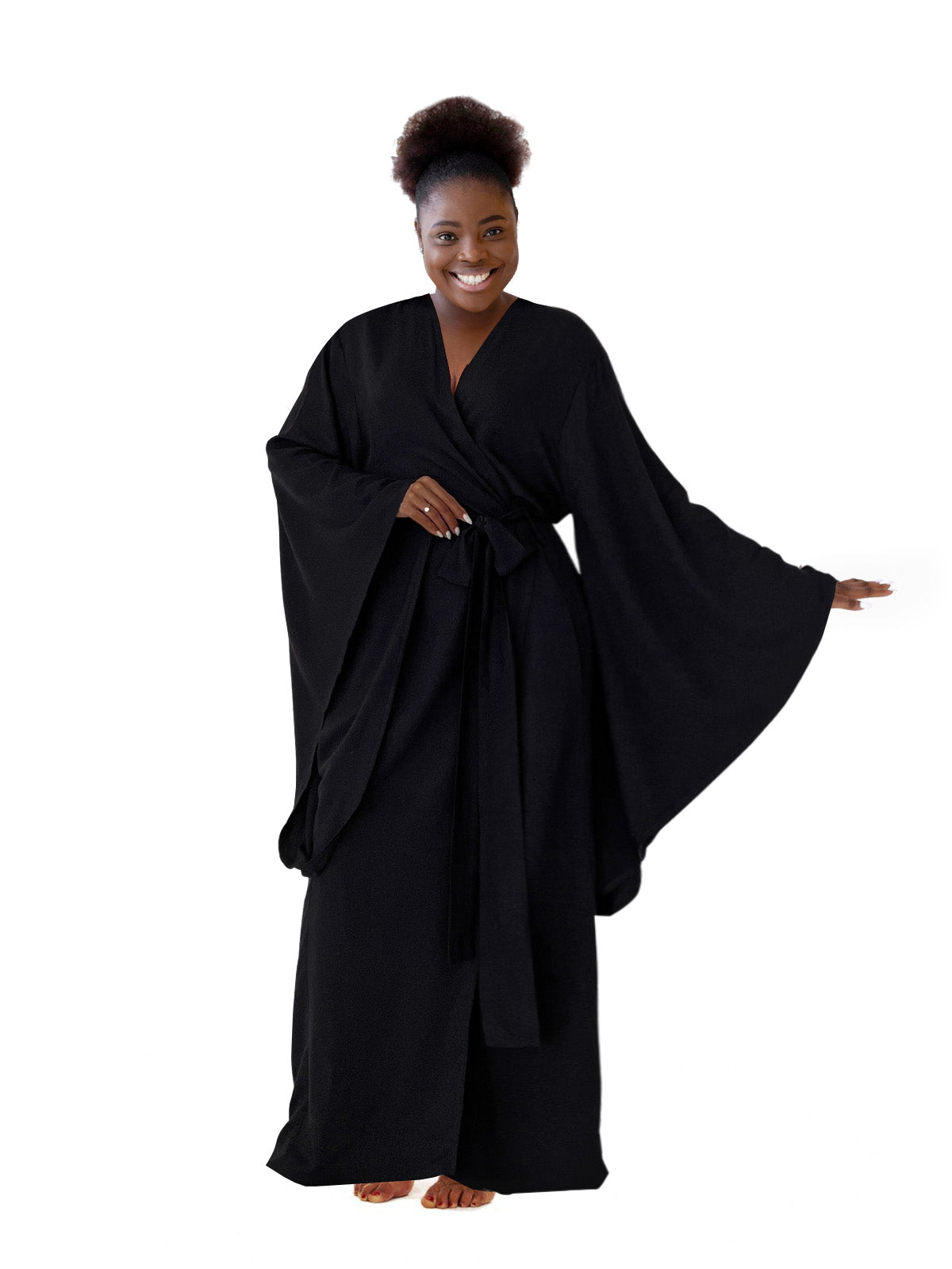 Kimono Viscose Long Robe in Black with pockets and headband by Angie's Showroom