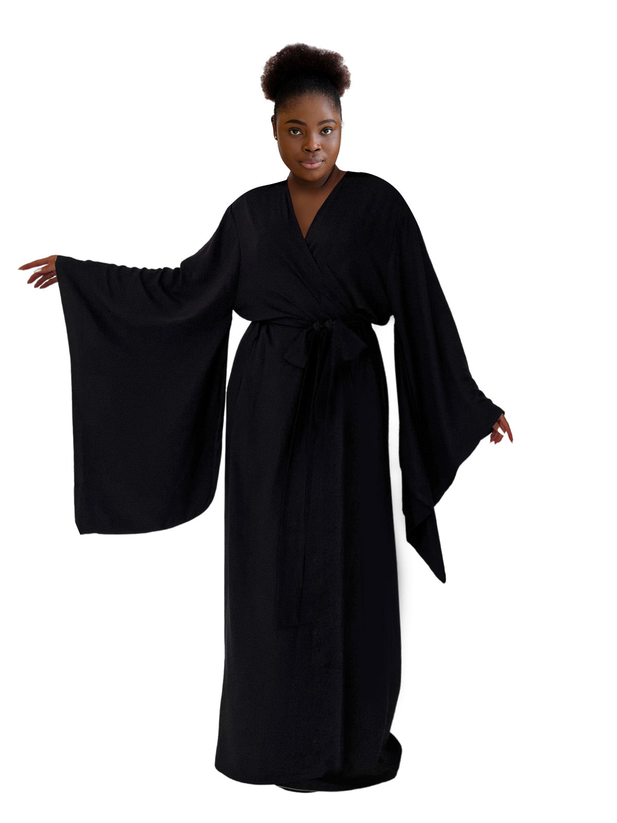 Kimono Viscose Long Robe in Black with pockets and headband by Angie's Showroom