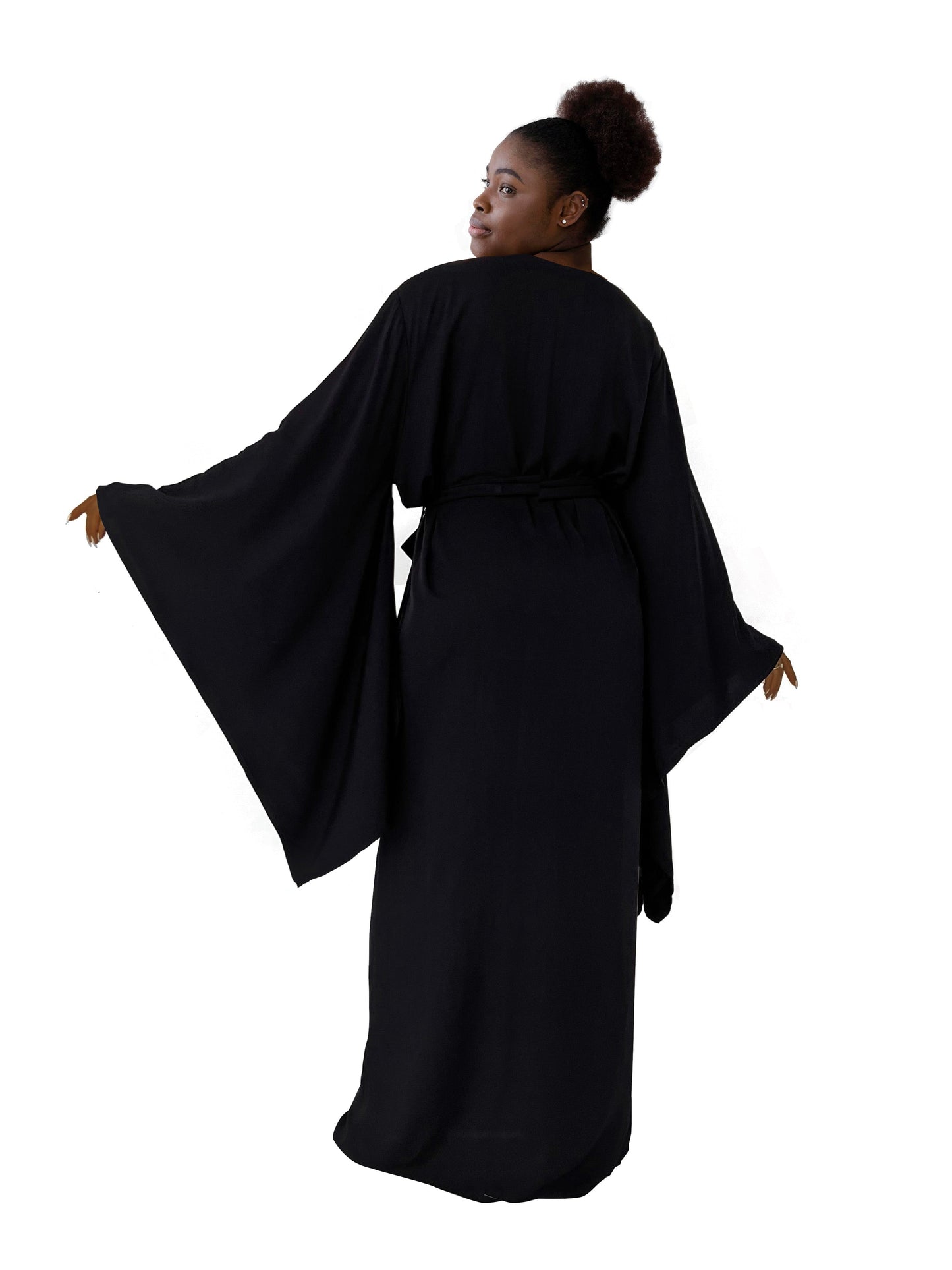 Kimono Viscose Long Robe in Black with pockets and headband by Angie's Showroom