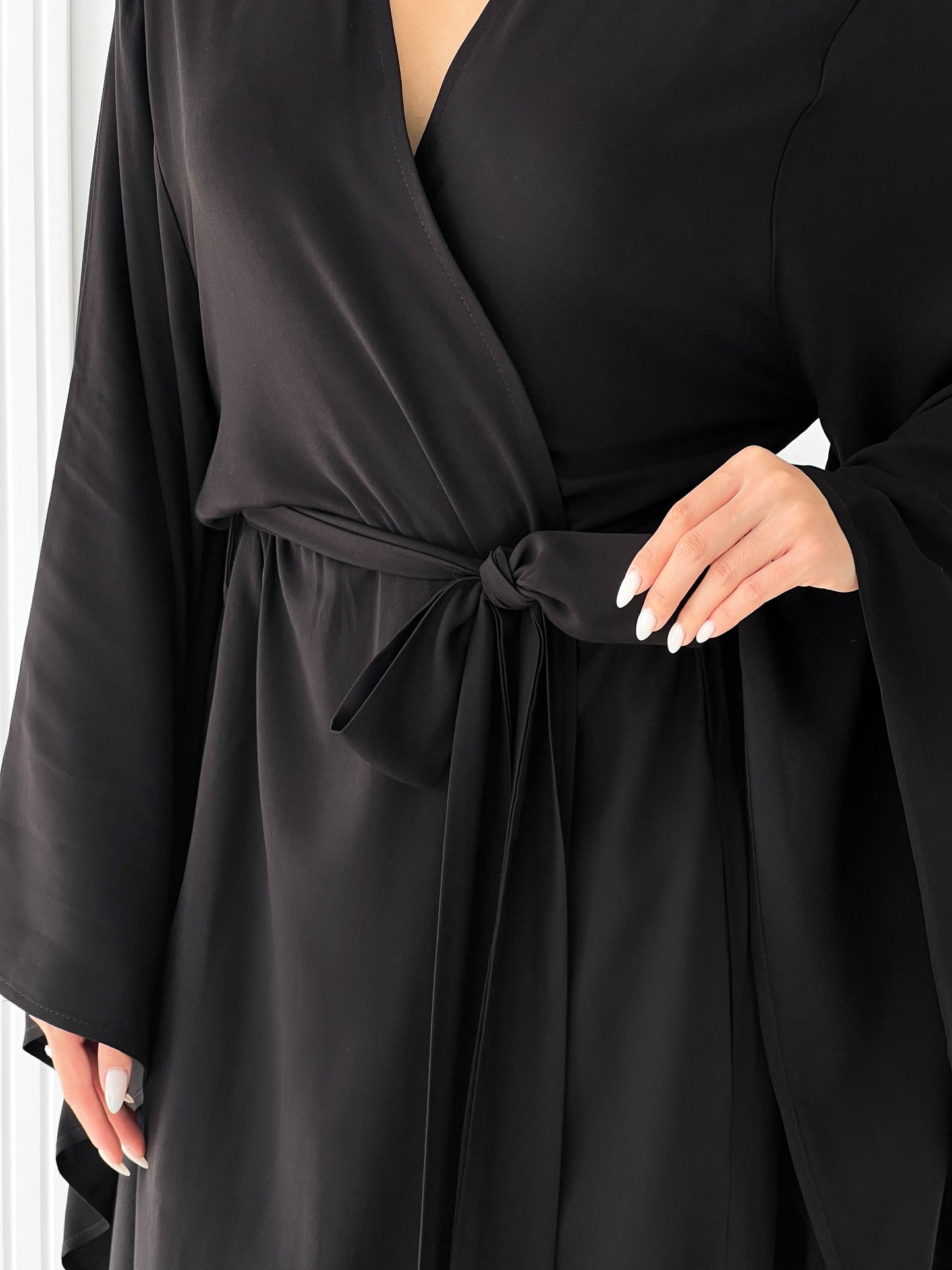 Kimono Viscose Long Robe in Black with pockets and headband by Angie's Showroom