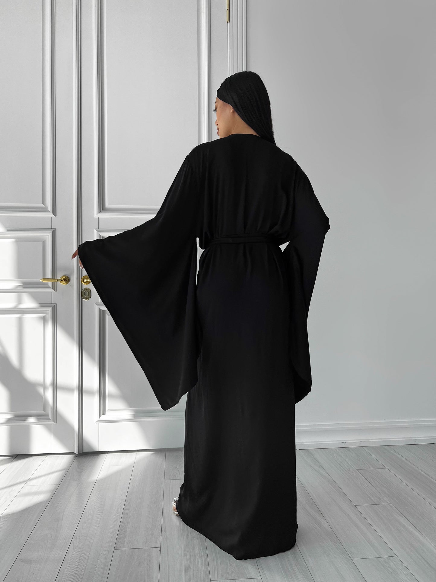 Kimono Viscose Long Robe in Black with pockets and headband by Angie's Showroom