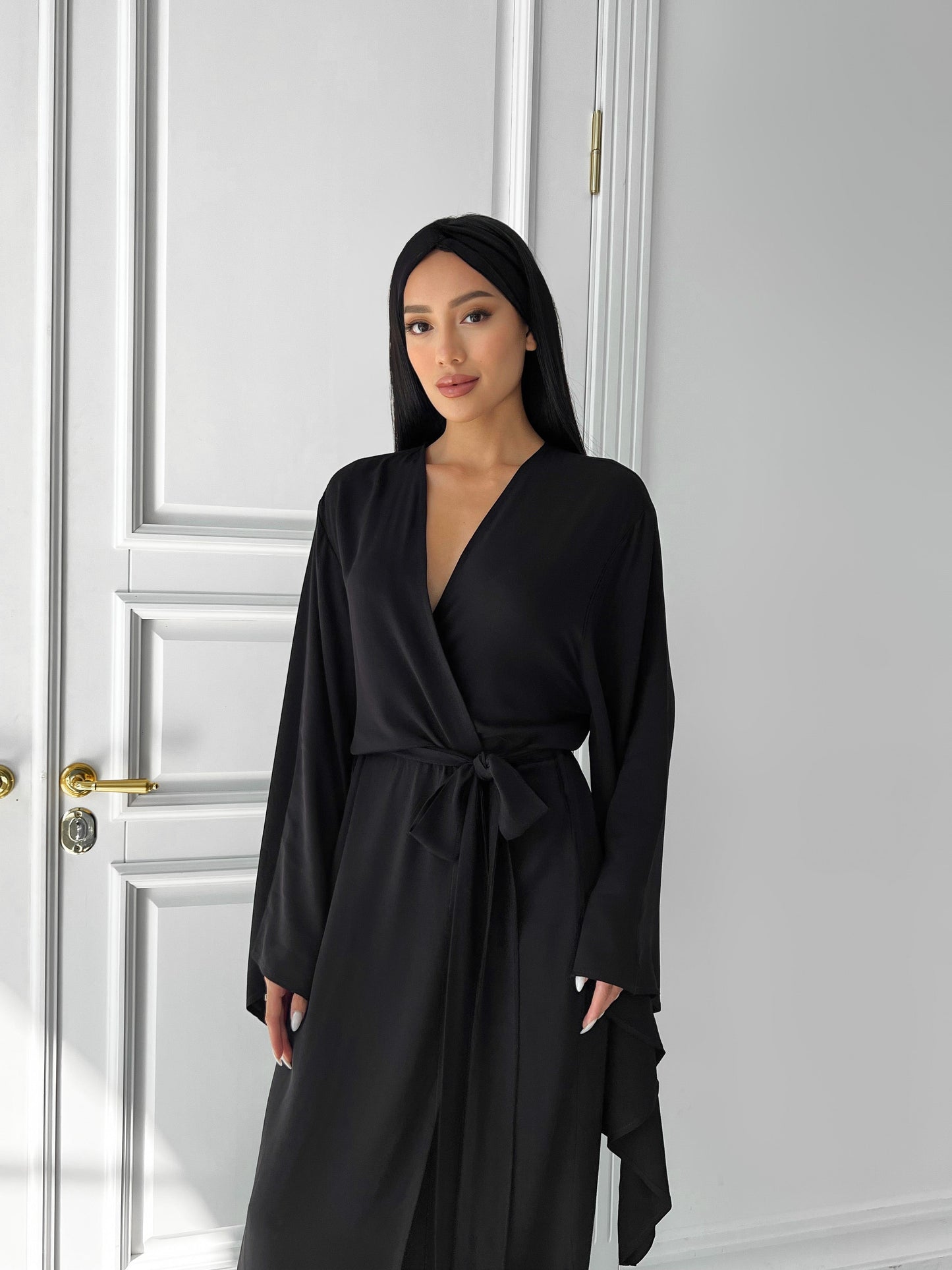 Kimono Viscose Long Robe in Black with pockets and headband by Angie's Showroom