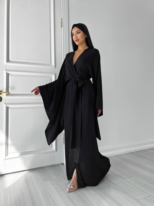 Kimono Viscose Long Robe in Black with pockets and headband by Angie's Showroom