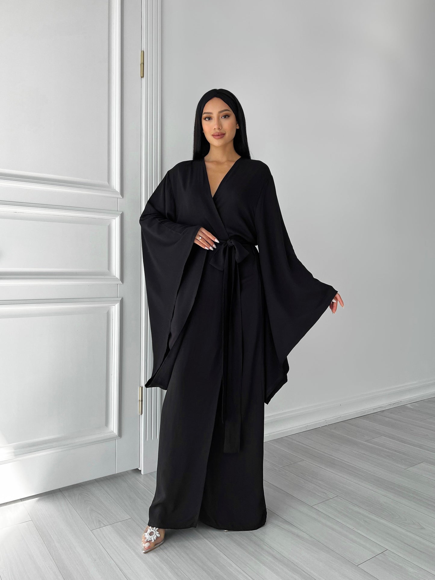 Kimono Viscose Long Robe in Black with pockets and headband by Angie's Showroom