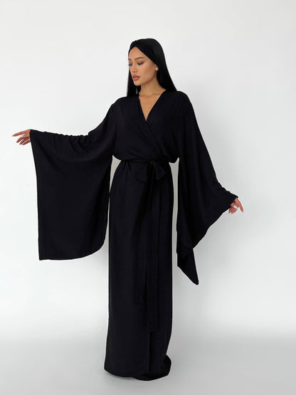 Kimono Viscose Long Robe in Black with pockets and headband by Angie's Showroom