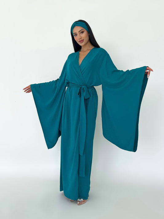 Kimono Viscose Long Robe in Teal with pockets and headband by Angie's Showroom