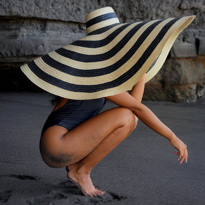 SOLANA Oversized Striped Straw Hat in Black & Natural by BrunnaCo