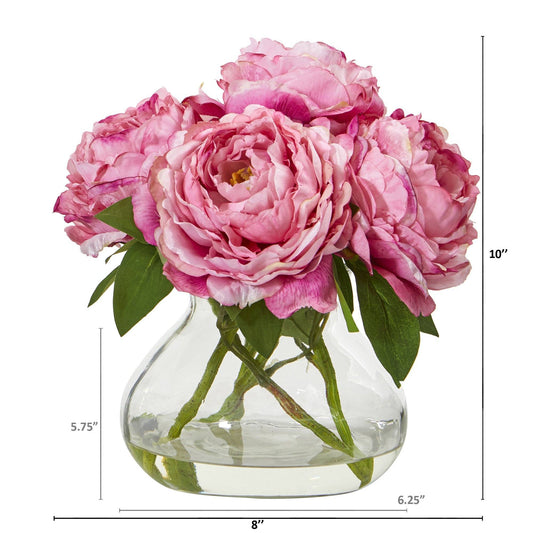 10” Peony Artificial Arrangement in Clear Glass Vase by Nearly Natural
