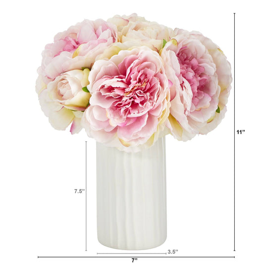 11” Peony Bouquet Artificial Arrangement in White Vase by Nearly Natural