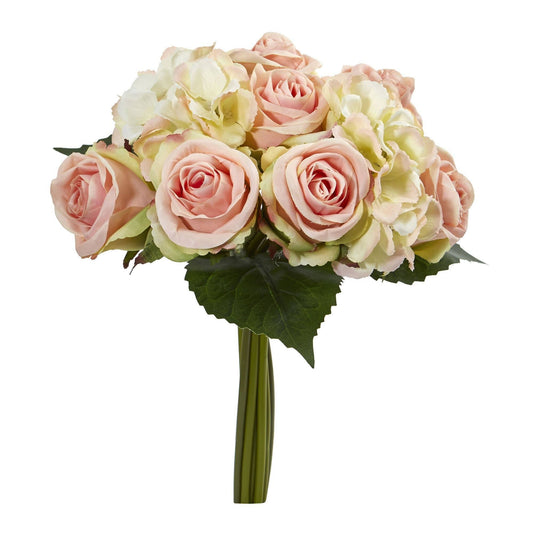 12” Rose and Hydrangea Bouquet Artificial Flower (Set of 6) by Nearly Natural