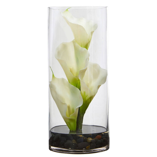 14” Calla Lily Artificial Arrangement in Cylinder Glass by Nearly Natural