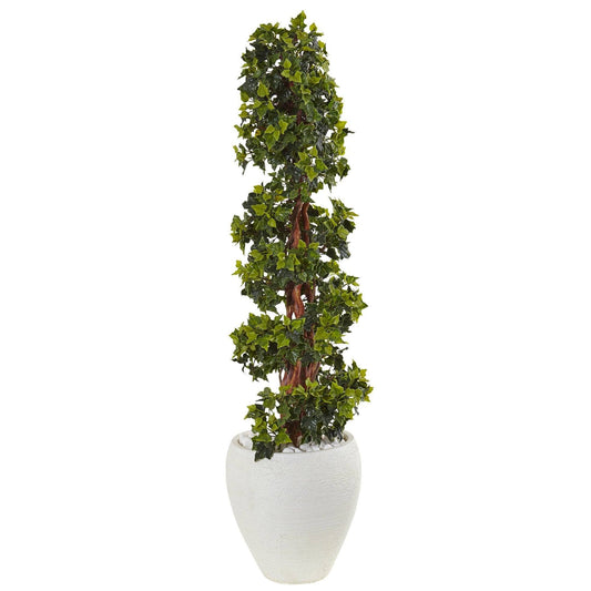 4’ English Ivy Topiary Tree in White Oval Planter UV Resistant (Indoor/Outdoor) by Nearly Natural