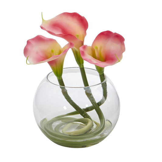 9’’ Calla Lily Artificial Arrangement in Rounded Glass Vase by Nearly Natural