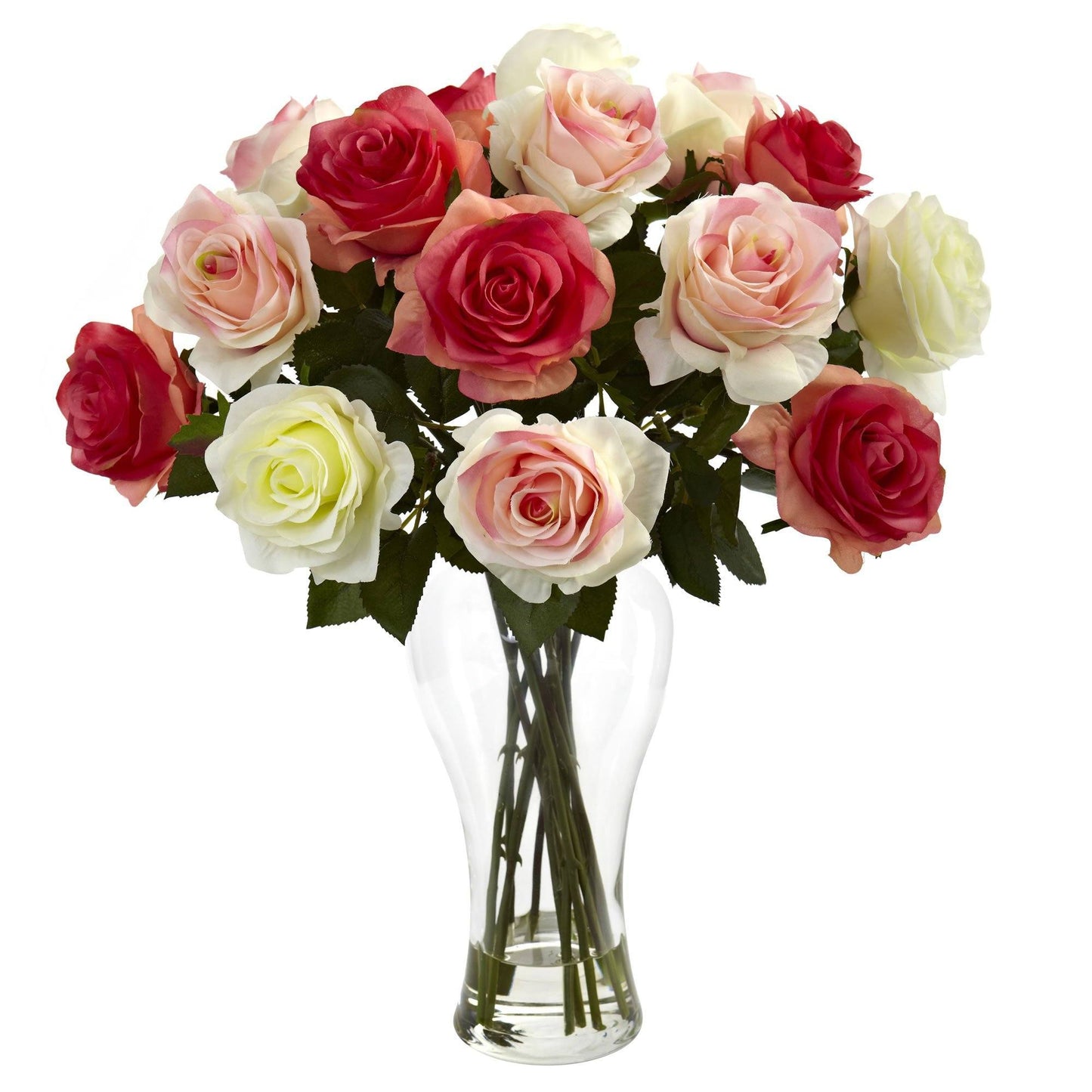 Assorted Blooming Roses w/Vase by Nearly Natural