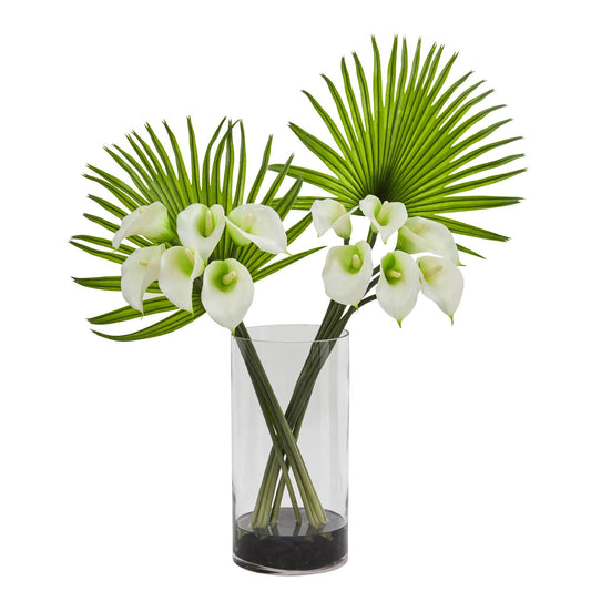 Calla Lily and Fan Palm Artificial Arrangement in Cylinder Glass by Nearly Natural